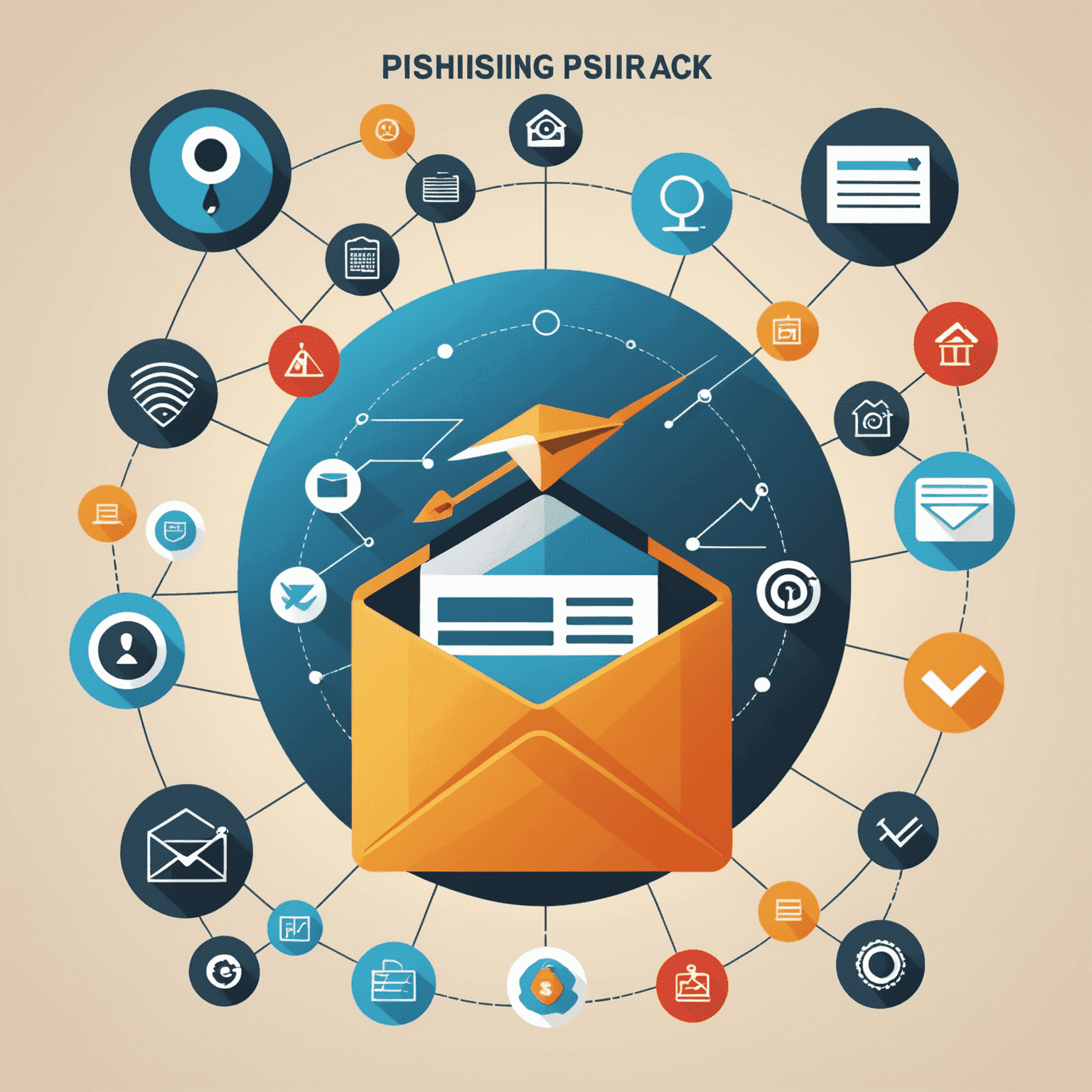 Grafika przedstawiająca schemat ataku phishingowego, z ikonami reprezentującymi różne etapy ataku, od fałszywego e-maila po kradzież danych
