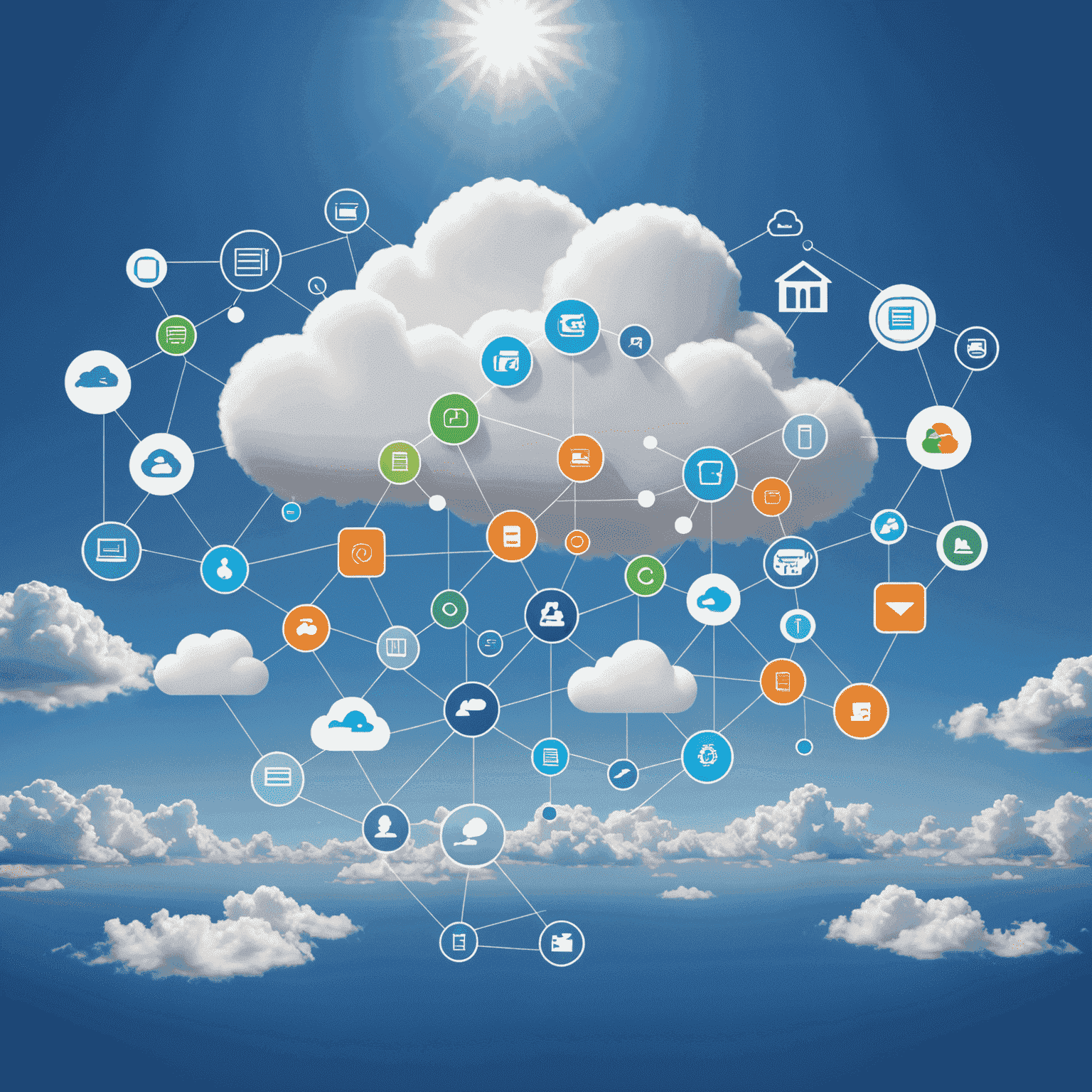 Wizualizacja chmury obliczeniowej z ikonami reprezentującymi różne usługi i innowacje w cloud computing