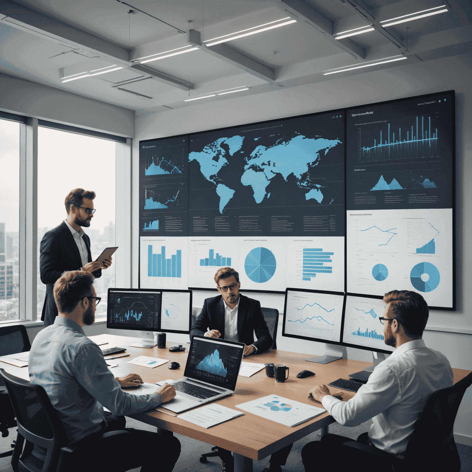 Grupa profesjonalistów IT pracujących nad projektem chmurowym, analizująca diagramy architektury na dużym ekranie